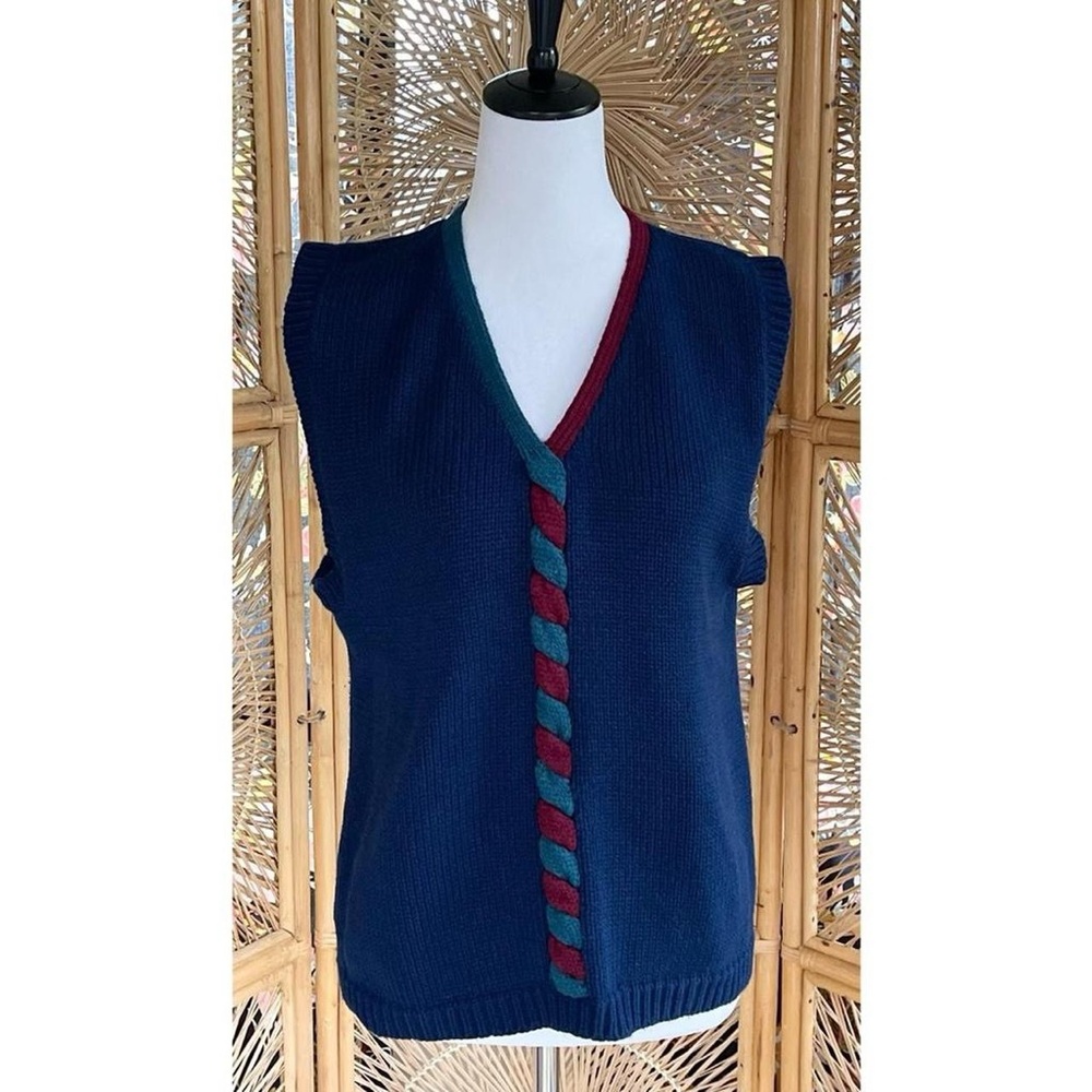 Vintage Stevemor Navy Blue Acrylic Knit With Green & Burgundy Twist Sweater Vest - Picture 7 of 7